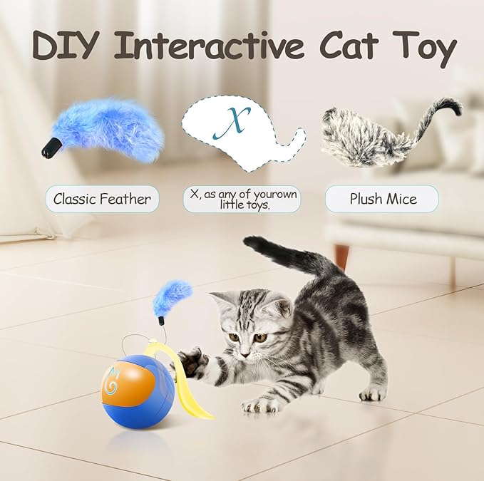 Migipaws Interactive Cat Ball Toy Set, Fun Tracker, Automatic Rolling Chase Ball with Fluffy Tail, A Small Mice, Rechargeable（Blue）