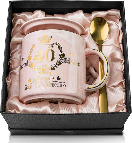 40th Birthday Gifts Women, Unique 40 Year Old Birthday Gifts Idea, Fabulous 40th Limited Edition, 1984 Birthday Gifts for Her Mom Wife Female Friend, 14oz Golden Pattern Mug, Lid, Spoon, Bow Gift Box