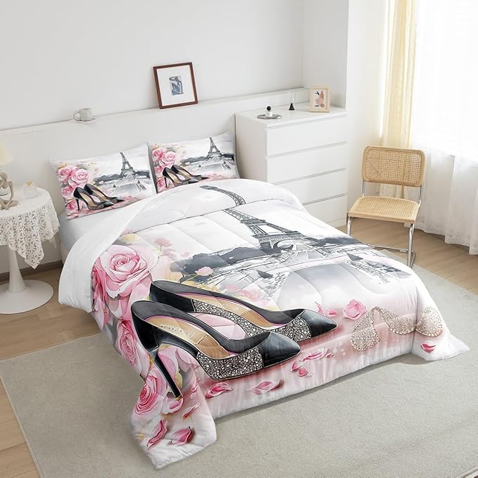 High-Heeled Shoes Princess Kids Comforter Set Full Size,Roses Flowers Paris Eiffel Tower Bedding Set,Women Girls Room Decor,Glitter Diamond Romantic Down Comforter,Pink Duvet Insert,2 Pillowcases