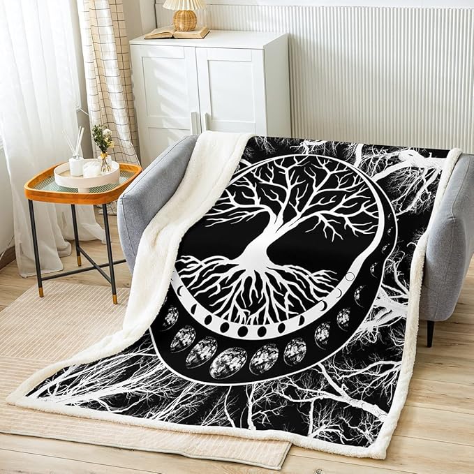 Erosebridal Tree of Life Blanket, Aesthetic Moon Throw Queen Size, Moon Phase Fleece Black White Botanical Sherpa, Modern 3D Print Couch Sofa Bed Chair Decor, Plush Fluffy