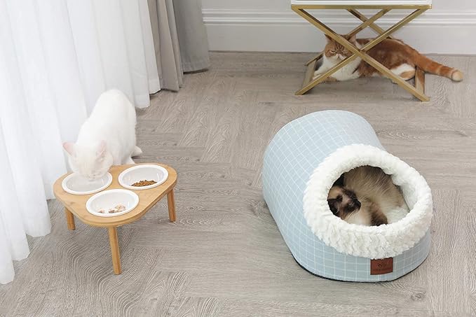 Cat Bed for Indoor Cats,Medium Large Cats Cave Bed,Machine Washable Slip Resistant Bottom,Ultra Soft Plush Cushion (Blue White Cave)