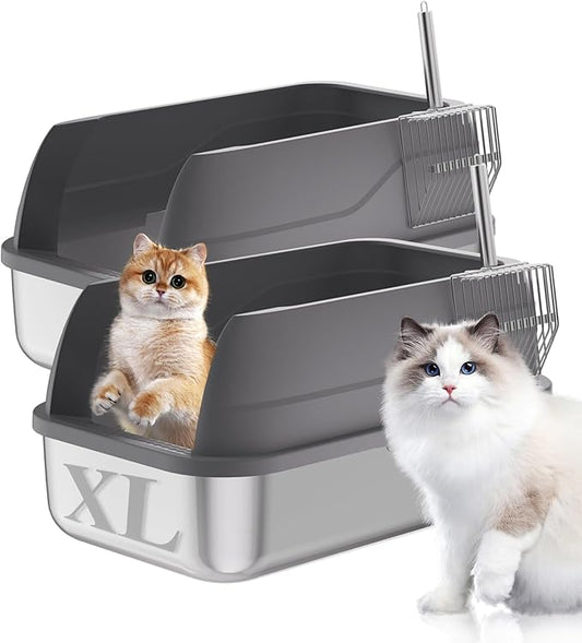 2 Pack Stainless Steel Cat Litter Box with Lid Enclosed Sides Extra Large Matel Litter Box for Big Cats XL Steel Litter Pan for Multiple Cats with Cat Litter Scoop Easy Cleaning