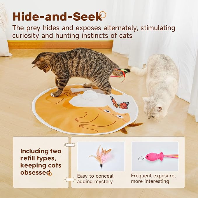 Potaroma Cat Toys Chargeable, 3in1 Hide and Seek Kitten Wand Toy, Automatic Interactive Cats Toy, Fluttering Butterfly, Moving Feather, Indoor Exercise Kicker 22.8 Inches Cover for All Breeds