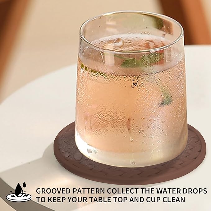 Brown Silicone Coasters 6 Packs with Holder, Heat Resistant & Waterproof Cup Mats, 4 Inches Non-Slip Decorative Coster Set for Home, Office, Kitchen, Coffee Bar Table