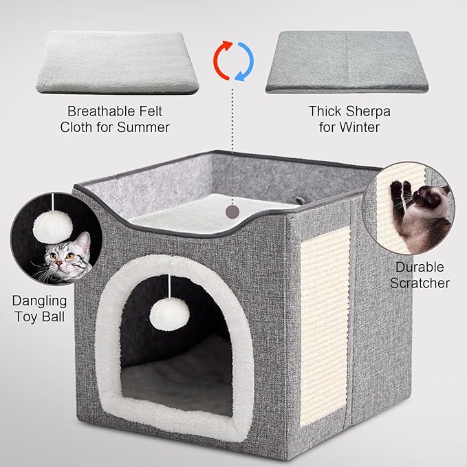 Cat House for Indoor Cat with Scratching Post, Cat Beds for Indoor Cats, Covered Cat Cave Beds & Furniture, Foldable Cat Hideaway, 16x16x15 inches, Grey