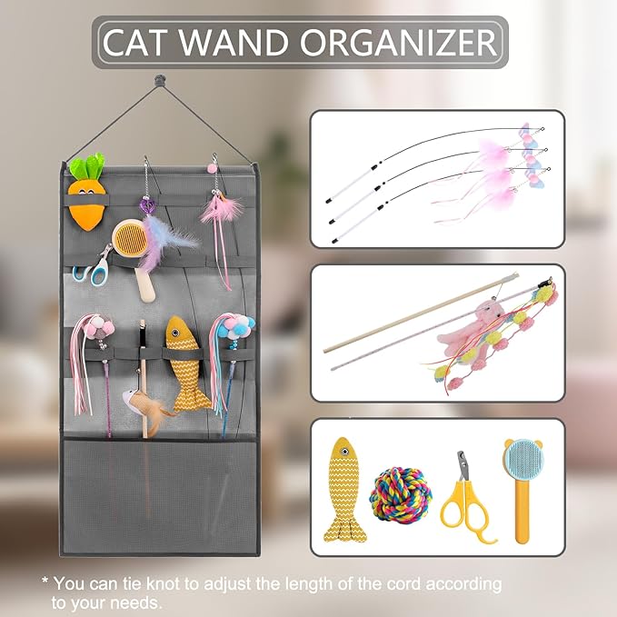 Hanging Cat Wand Holder Kitten Stick Toy Storage Bag Cat Accessories Organizer for Indoor Cats (Band)