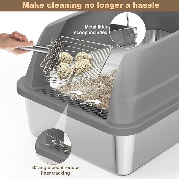 2 Pack Stainless Steel Cat Litter Box, Extra Large Steel Litter Boxes for Big Cats, XL Metal Cat Litter Box with Lid,Anti-Urine Leakage, Non-Sticky, Include Cat Mat and Litter Scoop