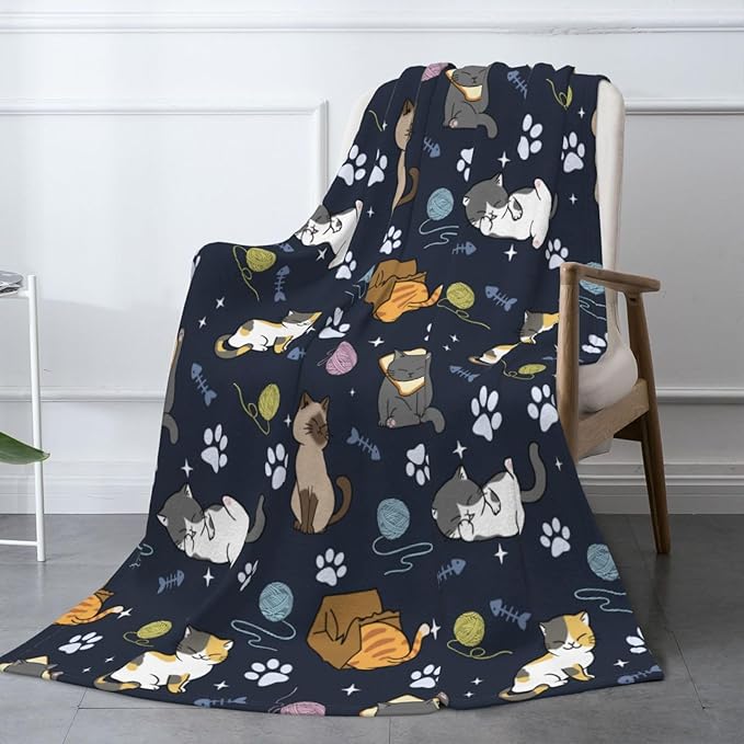 Soft Fluffy Cat Pattern Blanket, Cute Feline Design Cozy Throw Blanket for Adults Kids Pet,Lightweight Warm Plush Fleece Blanket for Couch Bed Sofa, for Cat Lovers 60"x50"