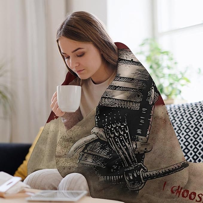 Japanese Samurai Warrior Throw Blanket I Choose Inspirational Quotes Print Blankets Gifts for Couch Sofa Bed Stuff Decor Soft Cozy Fleece Plush Flannel Bedding for Lover Men Women Adults 40"x50"