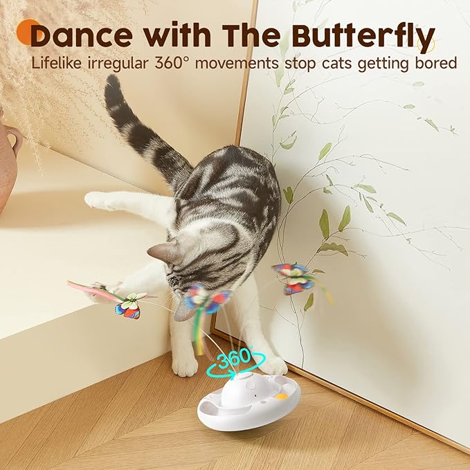 Potaroma Electric Fluttering Butterfly Cat Toys Smart Interactive Electronic Kitten Toy, Bell Track Balls, Indoor Exercise Cat Kicker, 3 AA Batteries Required (Bright White)