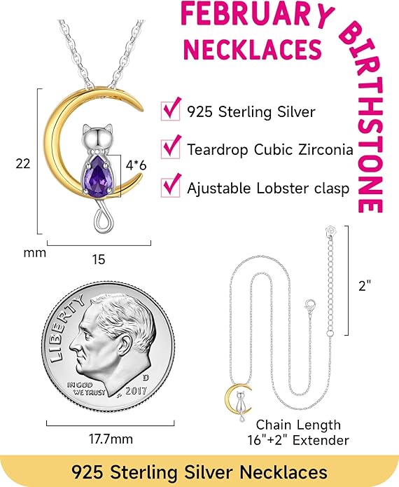 Birthstone Necklace for Women Girls, Cat Necklaces 925 Sterling Silver Teardrop Pendant 18K Gold-Plated Birthstone Jewelry Gifts for Birthday Easter