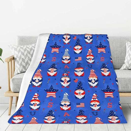 American Gnome Patriotic Blanket Throw 60"x50", Plush Flannel 4th of July Memorial Day Blanket, Soft Warm Decorative for Kids Women