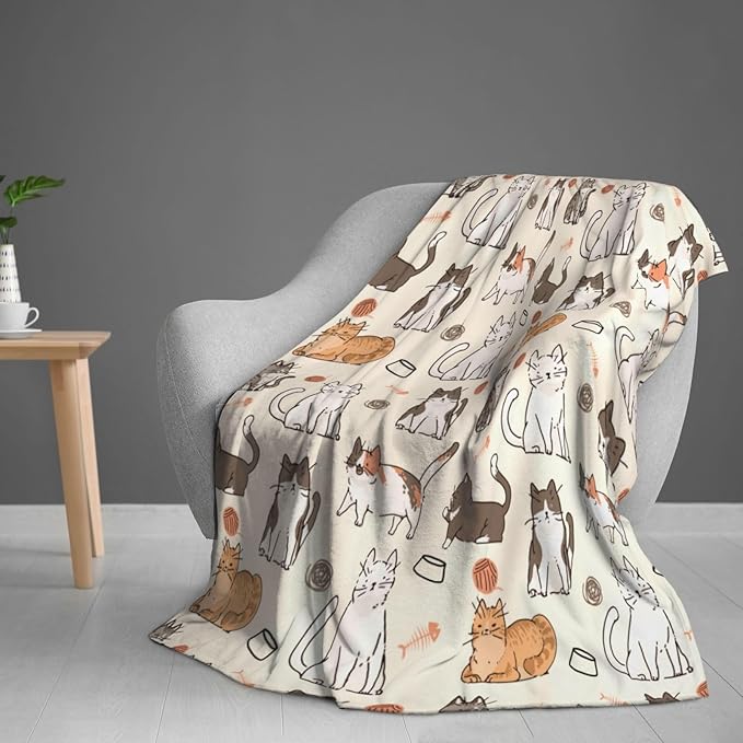 Kids Cats Print Blanket Throw 60"x50", Plush Flannel Blankets with Cats On It, Soft Warm Decorative for Kids Women Cat Lovers