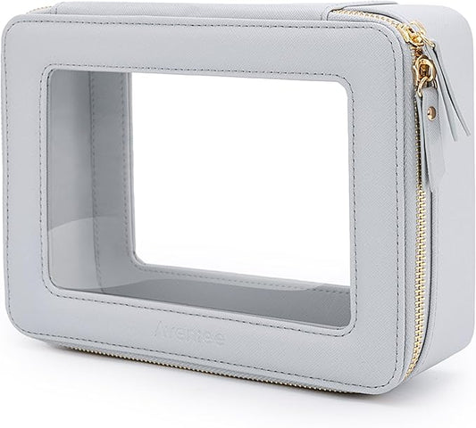 Aveniee Clear Makeup Bag for Women, Cosmetic Bags Travel Toiletry Bag Organizer, Makeup Train Case with Clear Windows & Gold Zippers(Pearl Blue)