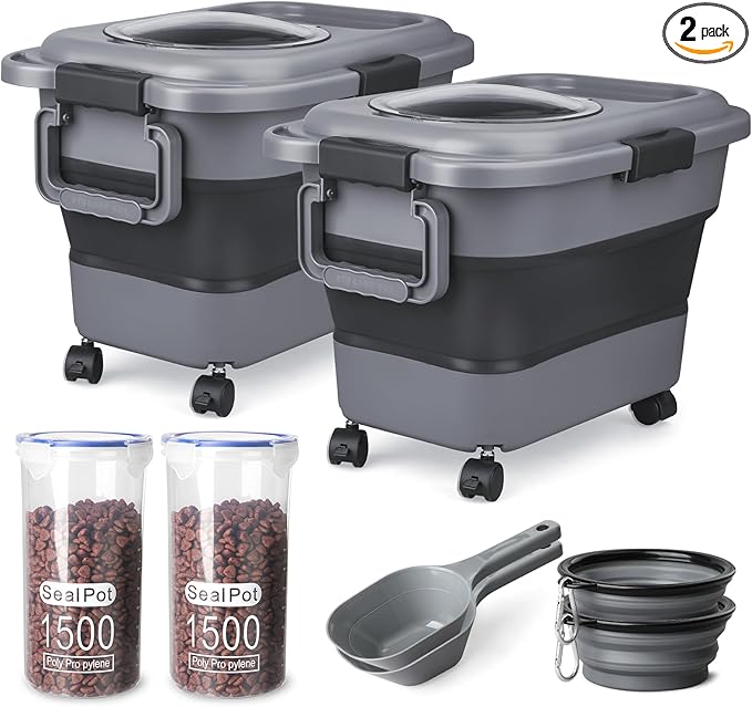 Dog Food Storage Container，10-20 lbs Airtight Collapsible Cat Food Storage Container with Attachable Wheels, Portable Handle, Dog Food Scoop for Dog Cat Bird Pet Dry Food Storage Bin Medium Pack of 2