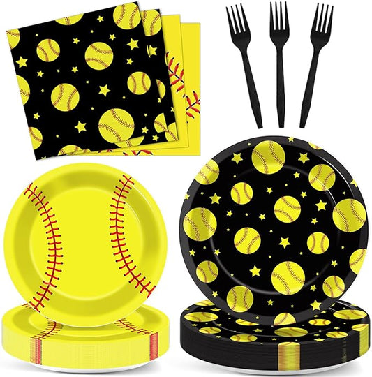 96Pcs Softball Birthday Party Supplies: 24 Servings - Black & Yellow Softball Tableware Set - Plates, Napkins, Forks - Sports Theme Party Kit