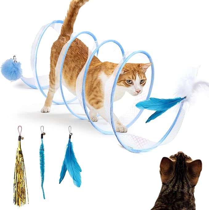 Mity rain Cat Tunnels for Indoor Cats，S Type Foldable Cat Tunnel Toy,Decompression Interactive Cat Springs Toys with Cat Ribbon/Bell/Feather/Pom pom Balls Blue