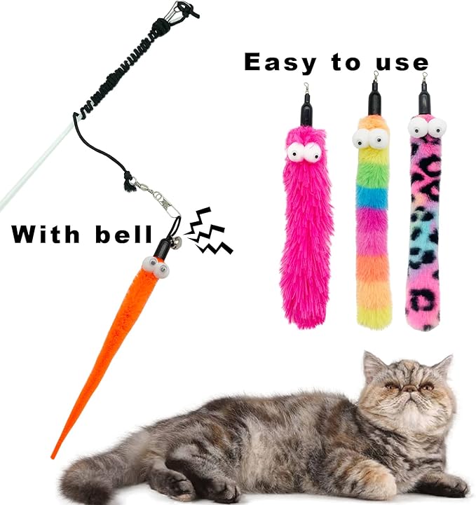 Cat Wand Toy Cat Feather Toys, 1 PCS Elasticity Cat Toy Wand and 8 PCS Cat Worm Toy Refills, Interactive Cat Teaser Wand Toy for Indoor Cats Play Exercise