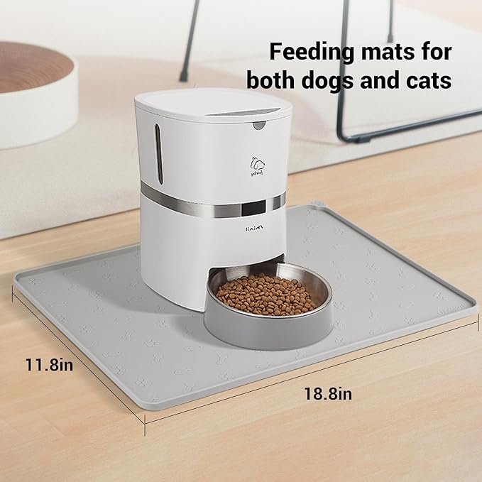 Coomazy Dog Cat Food Mat, Waterproof Non-Slip Silicone Feeding Mat for Floor, with Raised Edge to Prevent Food Spills and Water Runoff (Gray, 18.9x11.8)