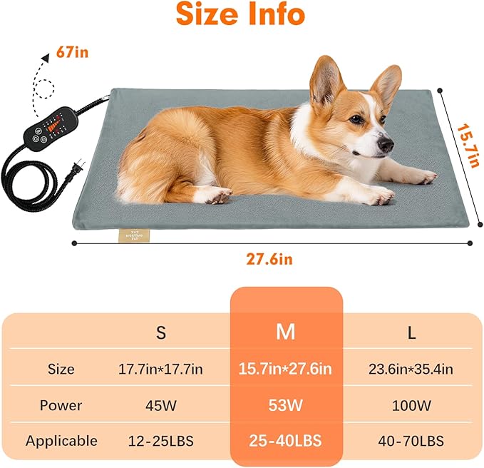 Vannon Pet Heating Pad, Heated Cat Dog Bed with Chew Resistant Cord, Outdoor Heated Mat for Dog House, Adjustable Indoor Warming Mat for Pets, Waterproof & Overheat Protection, 27.6'' × 15.7''
