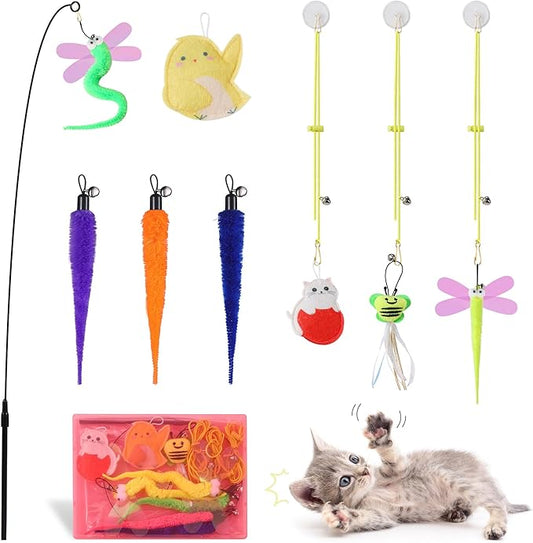 Interactive Cat Feather Toys 8Pcs,Interactive Wand,Cat Teaser Retractable,Indoor cat Hanging Interactive Toy Suitable for Bored Adult Cats and Kittens Play Chase Exercise