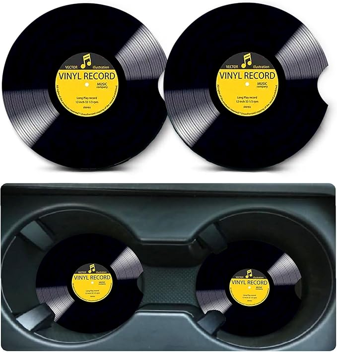 Car Coasters for Cup Holders,2 Pack Retro Vinyl Record Car Coasters,2.75" Universal Size Anti Slip Rubber Mat,Automotive Cup Holder Decal Decor Accessories,Gifts for Women,Men,Mom