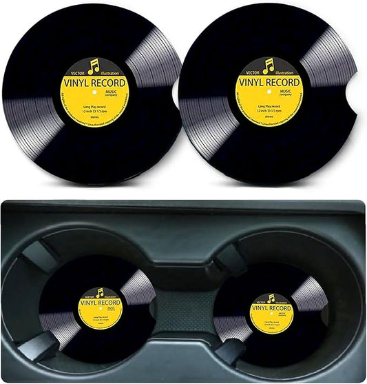 Car Coasters for Cup Holders,2 Pack Retro Vinyl Record Car Coasters,2.75" Universal Size Anti Slip Rubber Mat,Automotive Cup Holder Decal Decor Accessories,Gifts for Women,Men,Mom