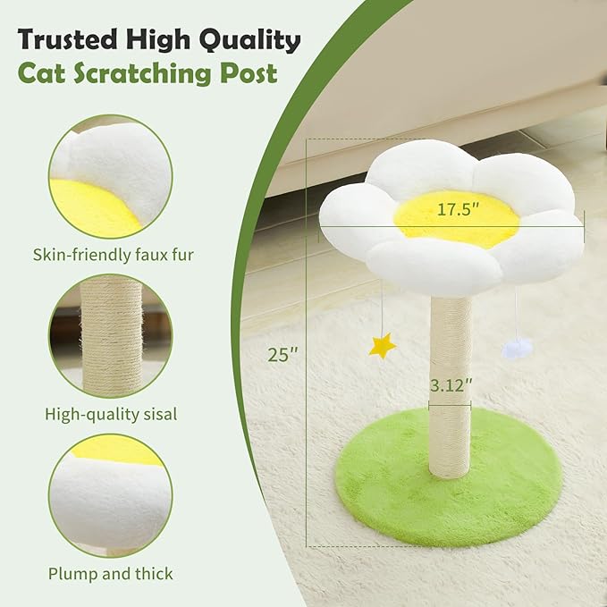 Cute Cat Scratching Post, Flower Cat Tree for Indoor Cats, Cat Scratcher with Bed, Sisal Scratch Posts Kittens Bed Large Perch Modern Small Cat Tower with Hanging Toys