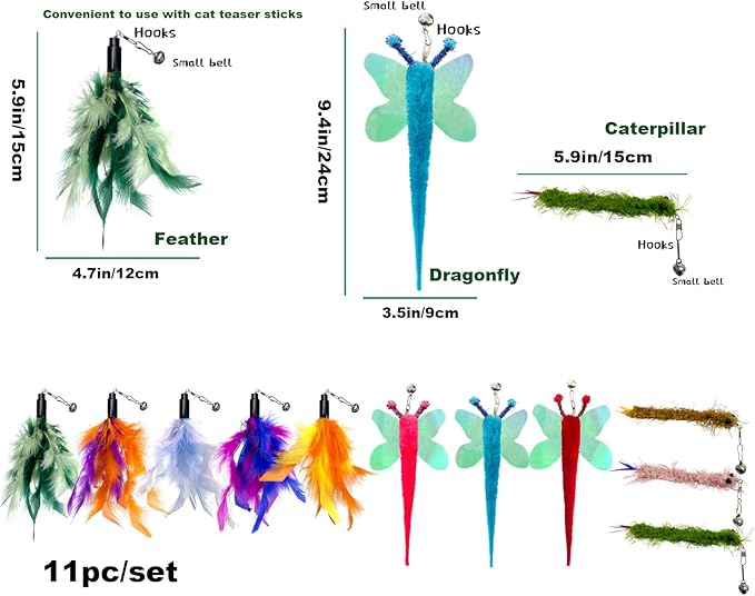 AcceLeah Cat Worm Toy Refills Cats Teaser Toys Wand Replacement,Cat Worms and Dragonfly Refill,Cat Wand Toy Assorted Teaser Refills with Bell (11 Pcs)