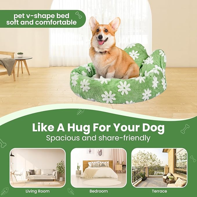 Cat Bed & Dog Bed, Removable Cozy Soft Cat Bed Washable Round Cute Dog Bed with Jacquard for Small Medium Cats and Dogs, Green Flower S