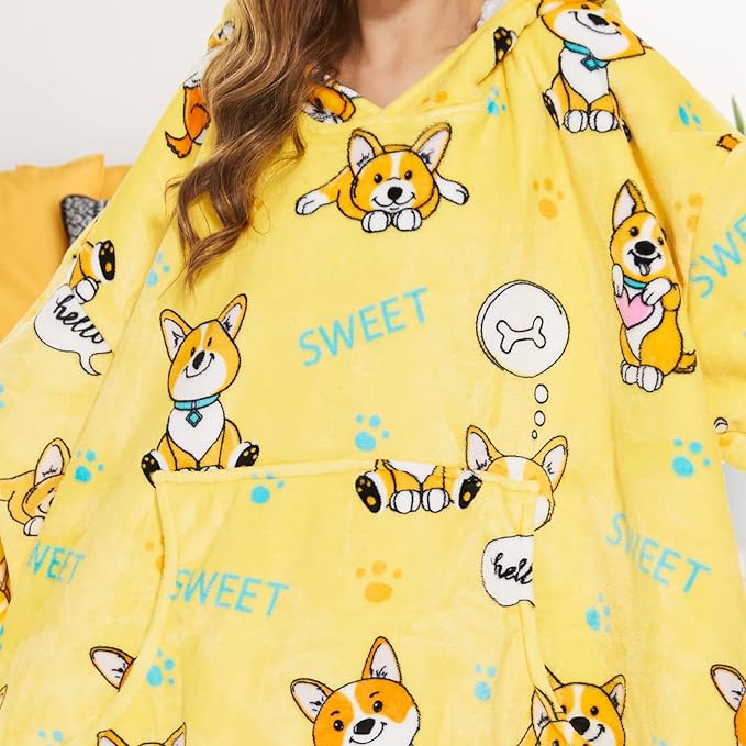 THREE POODLE Wearable Blanket Hoodie for Women, Oversized Sherpa Sweatshirt Blanket for Adults Men, Warm Cozy Corgi Hooded Blanket, Gifts for Mom Girlfriend Sister