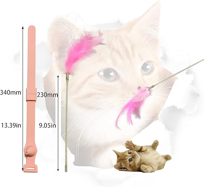 Cat Collar Funny Cat Stick,Interactive Cat Feather Toys with Bell,Pink Spring Cat Teaser Stick Toy, Used for Cat Indoor Play, Suitable for Old Kittens and Kittens to Exercise