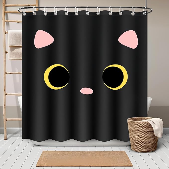 Black Cat Shower Curtain for Bathroom, Cute Cat Print Bathrooms Curtain, Waterproof Polyester Fabric Bathroom Home Decor with 12 Hooks, 71 x 71 Machine Washable (Black)