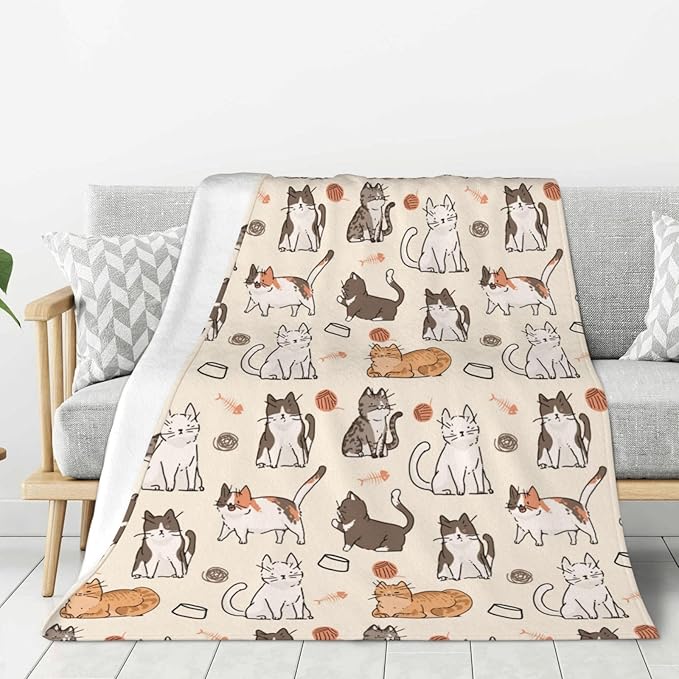 Kids Cats Print Blanket Throw 60"x50", Plush Flannel Blankets with Cats On It, Soft Warm Decorative for Kids Women Cat Lovers