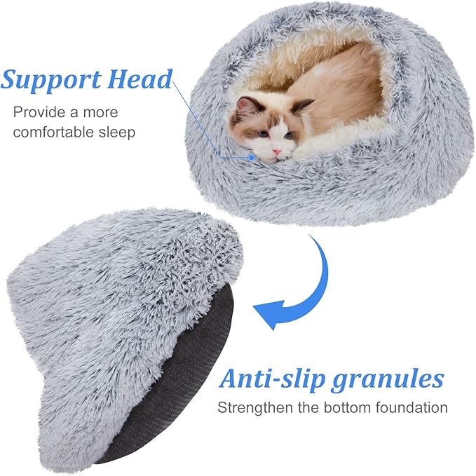 Deblue Soft Cat Beds for Indoor Cats, Round Fluffy Warm Cat Beds with Hooded Cover, Washable Calming Cozy Plush Pet Bed for Anxiety Cats and Puppies - Dia 20"
