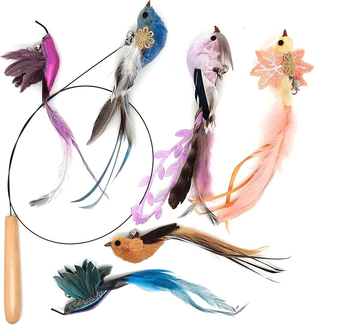 Interactive Cat Toys for Indoor Cats - 35'' Steel Wire and 6PCS Cat Feather Bird Toys Refills,Cat Teaser Toy,Cat Wand Toy ,Feathers & Bells, Realistic Bird Impression (7 PCS Cat Wand Toy Birds)