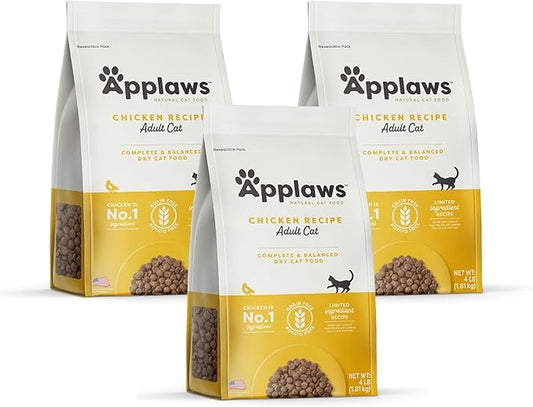 Applaws Complete Dry Cat Food, Grain Free, Limited Ingredient Food for Cats, Added Vitamins and Minerals for a Balanced Diet, Chicken Recipe, 3 x 4 lb Bags