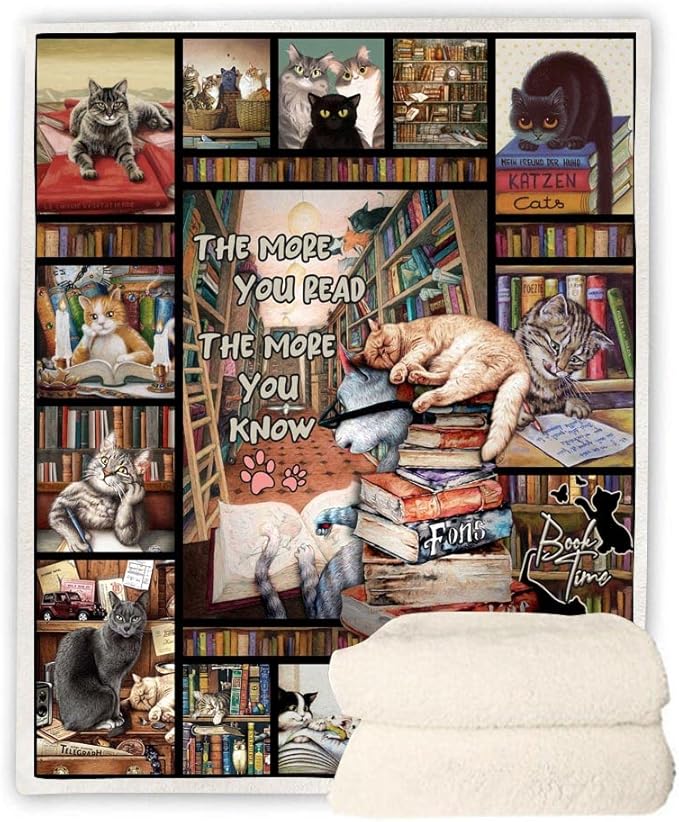 Book Lovers Gifts Throw Blanket,Cat Gifts for Cat Lovers Blanket,Cat Lover Gifts for Women,Gifts for Book Lovers, Soft Cat and Books Blanket for Sofa Couch Beds Decoration Christmas 50x60