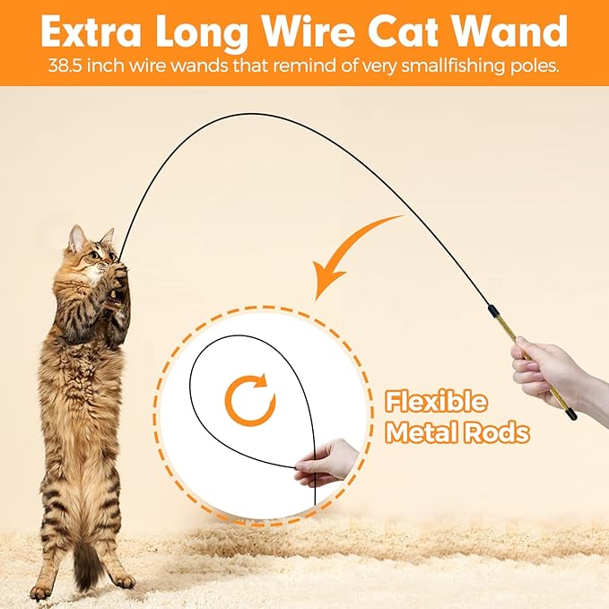 Cat Wand Toy, Cat Feather Toys with Silvervine & Bells, 2 * Cat Teaser Wand & 6 * Teaser Refills, Extra Long 38.5" Wire Cat Wand, Cat Toy for Indoor Cats & Kitten & Kitty