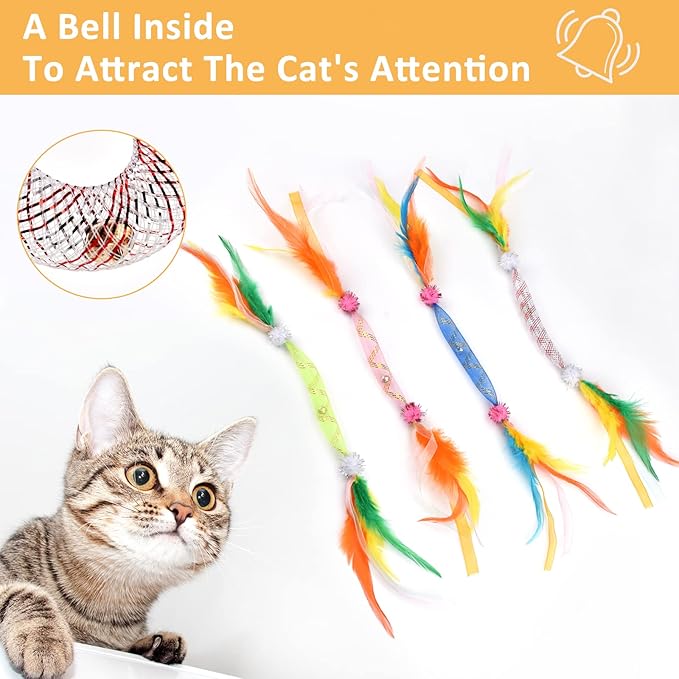 TUSATIY Cat Feather Toys with Bell 4Pack, Colorful Cat Teaser Cat Springs Ribbon Toys,Interactive Cat Toys for Indoor Cats Kitten, Suitable for Cats Bite & Hunt