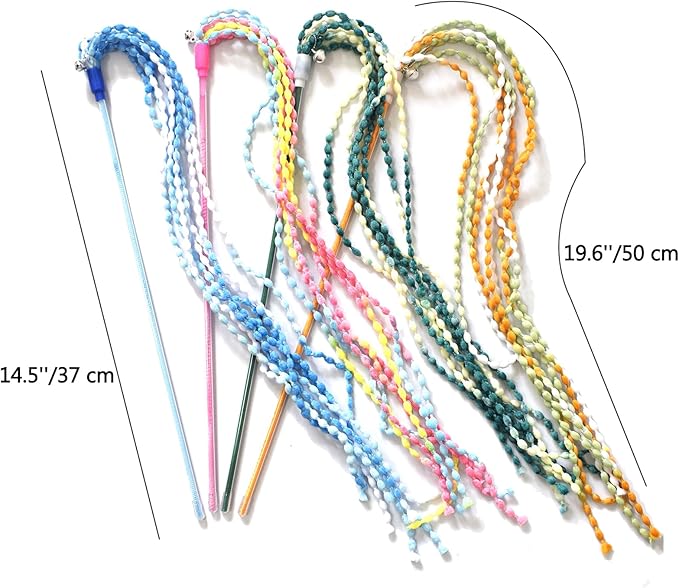 IUHKBH Cat Teaser Toys, 4 PCS Plush Srtip Cat Wands Interactive Cat Teasing Stick Vibrant Cat Teaser Wands with Bell for Cat Kitten Having Fun Exerciser Playing