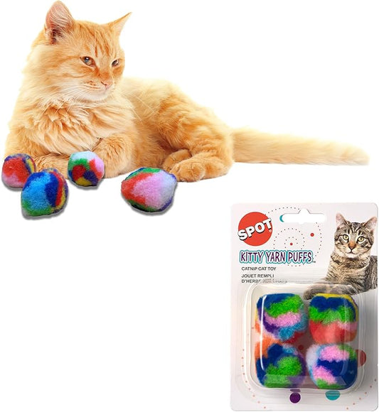 Ethical SPOT Kitty Yarn Puffs Colorful Woolen Yarn Cat Toy Contains Catnip 1.5" Pack of 4 Pet