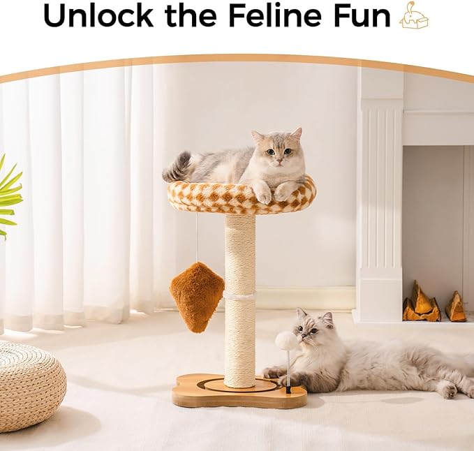 Mewoo Cat Scratching Post with Bed, Cat Tower with Cat Scratcher Post, Small Cat Tree for Indoor Cats, Sisal Cat Scratcher with Removable Cat Perch, Cat Ball Track and Kittens Toys (Brown, Medium)