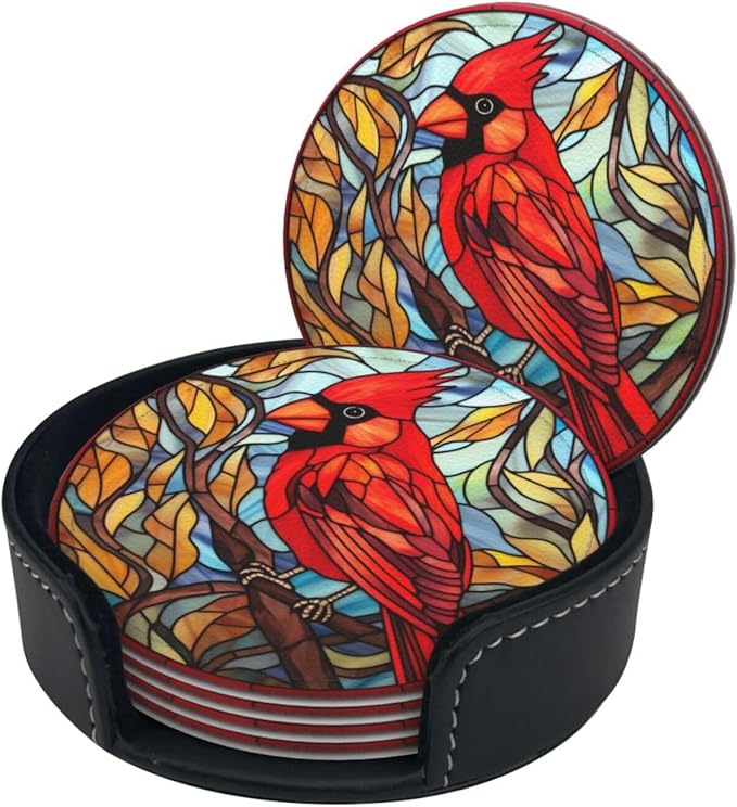 Cardinal Drink Coaster Set of 6, Cardinal Decor Gifts, Leather Drink Coasters with Holder, 6 Pack Cup/Bar/Drink Coasters for Table/Drinks/Coffee Protection Housewarming Gift