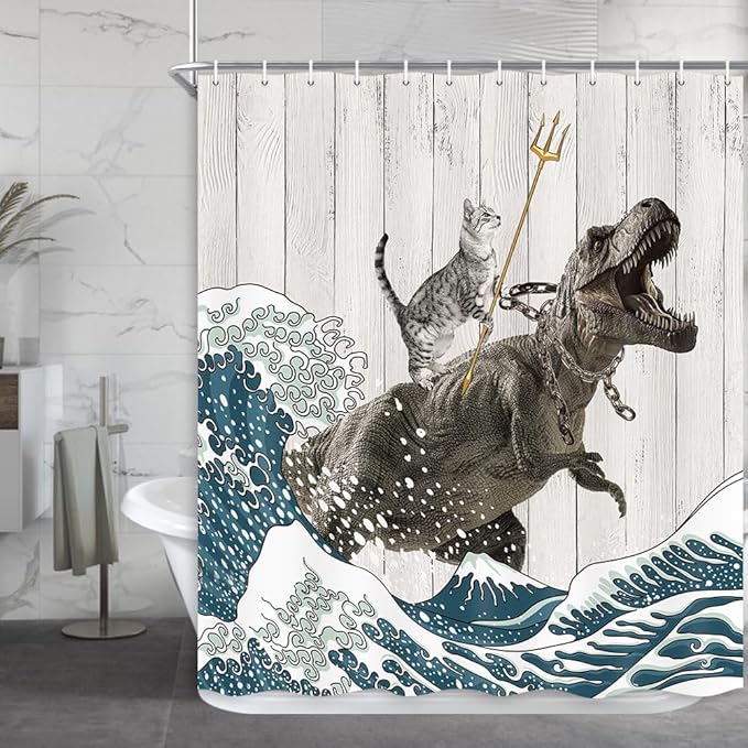 Boziqr Funny Cat Shower Curtain, Cool Cat Dinosaur Japanese Ocean Wave Decor Fabric Bathroom Curtains, Kids Children Rustic Wooden Farmhouse Shower Curtain, 70X70 Inches