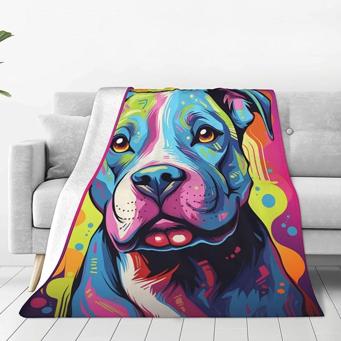Colorful Pitbull Fleece Blanket Animal Print Pit Bull Fleece Throw Blanket for Mom Women Men Kids Super Soft Plush Dog Blanket Throw Plush Blanket for Bed Sofa Valentine's Day Decor 50"x60"