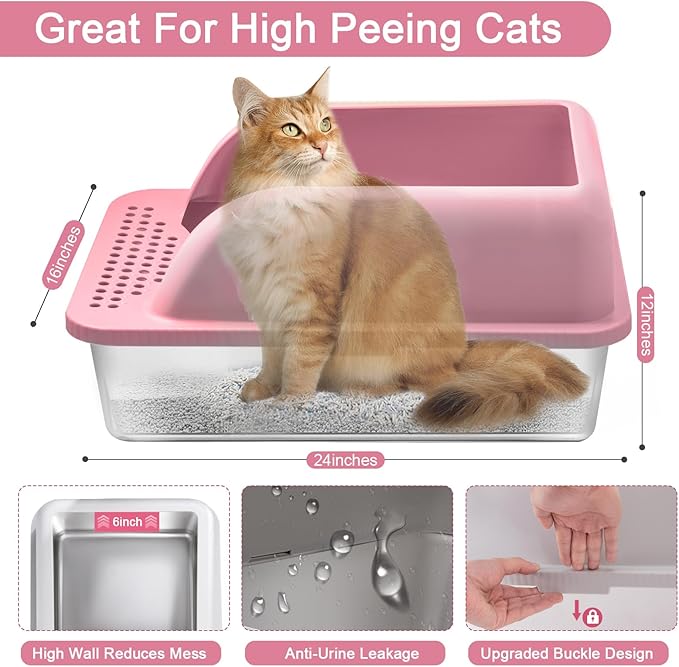 2 Pack XL Stainless Steel Litter Box Enclosure, Stainless Steel Cat Litter Pan for Big Cats, Large Metal Litter Box with Anti-Leakage High Wall, Non-Sticky Easy Cleaning Cat Litter Tray