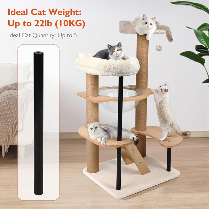Cat Tree Tower Wood - 40inch Multi-Level Modern Cat Tower with Plush Perch, Cat Box with Large Space Capsule, Platforms, Sisal Scratching Posts, Removable Cushions for Small Cats (Natural)