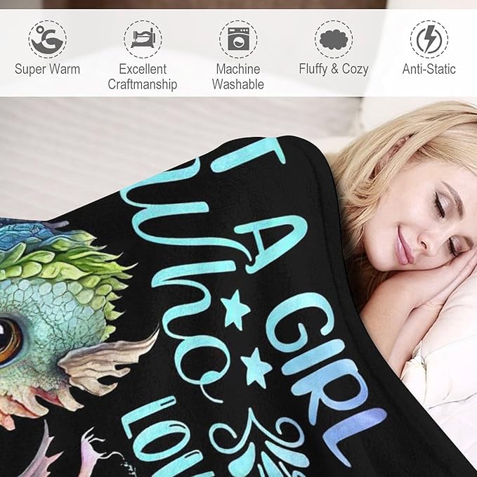 Just A Girl Who Love Dragons and Book Blanket Dragons Gifts for Girls Boys Woman Kids Read Lover Throw Blankets Soft Blanket Warm Fleece Flannel Plush Blankets for Bed Sofa Couch 50"x60"