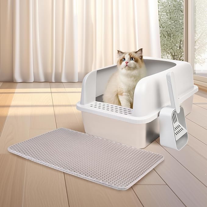 2 Pack Stainless Steel Cat Litter Box with Lid, 20" L x 14.2" W x 11.8" H, Extra Large Litter Box for Big Cats with High Sided, Anti-Urine Leakage, Easy Cleaning, Include Cat Mat and Scoop